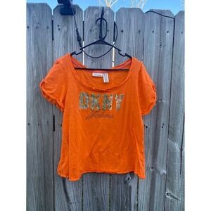 DKNY Jeans Orange Graphic T-Shirt Womens XL Camo Logo Studded Short Sleeve Tee